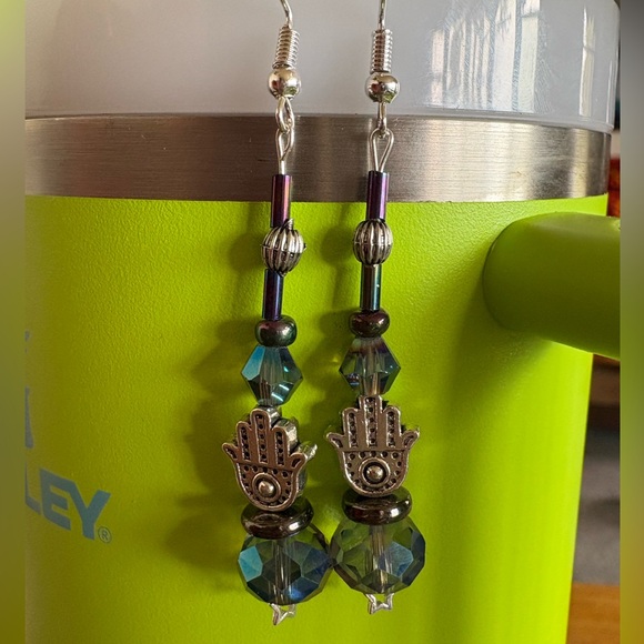 Hand Crafted Jewelry - Handmade Silver and Blue Hamsa Earrings